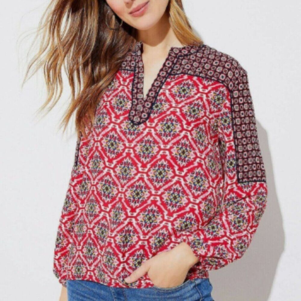 LOFT Mixed Mosaic Split Neck Blouse size Medium Pullover Boho Long Sleeve Top